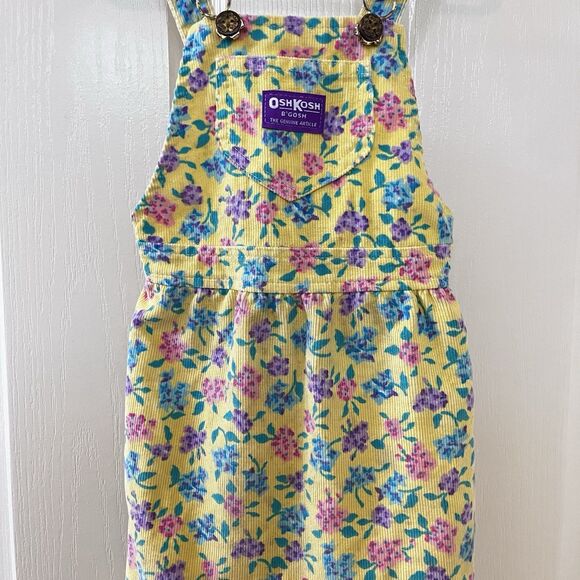 Vintage Oshkosh B'Gosh Yellow Floral Corduroy Overall USA Dress Girls SZ 5 FLAWS - Picture 3 of 16